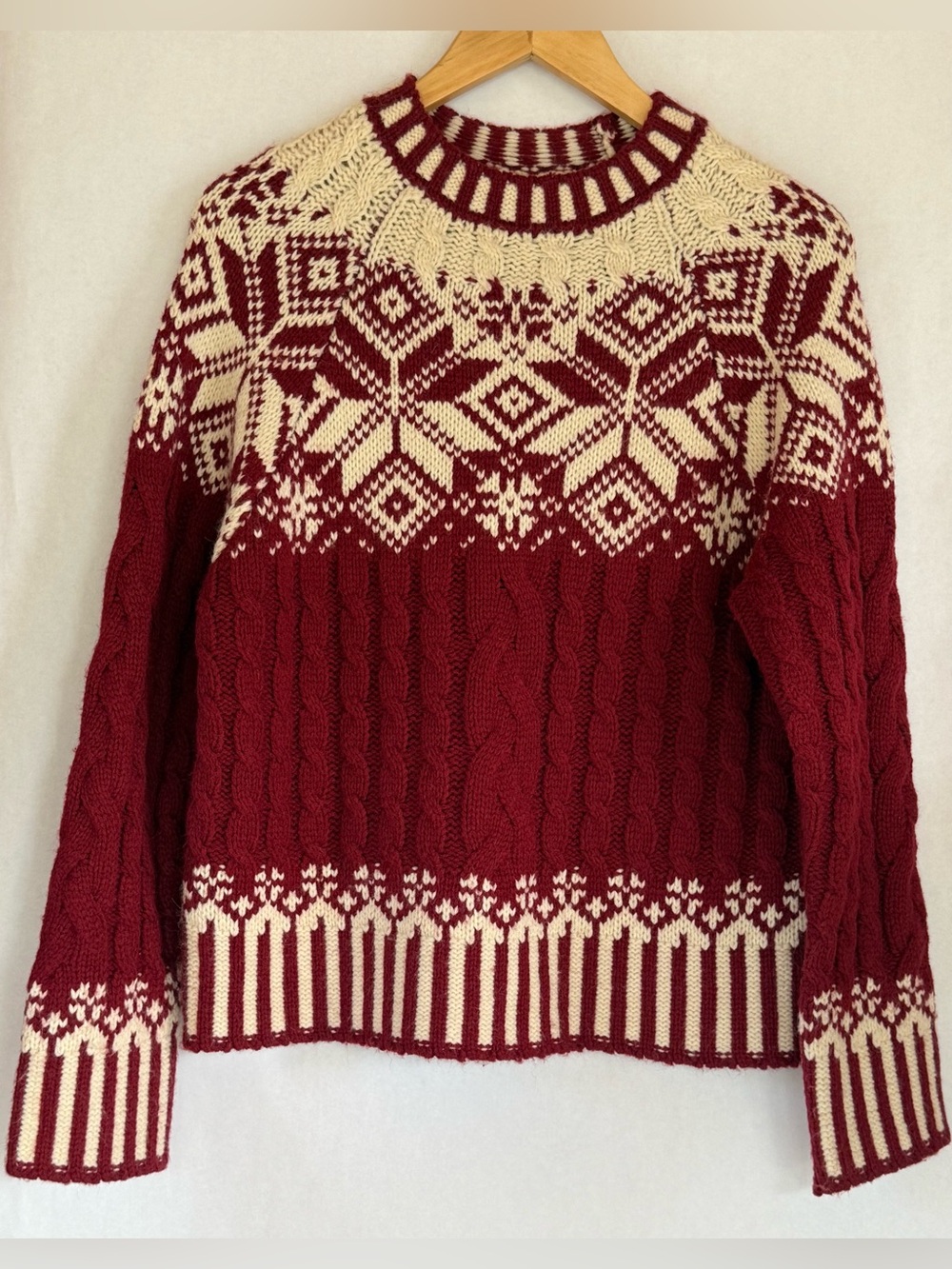 Anthropologie Crewneck Cable Knit Fair Isle Sweater - Red and Cream